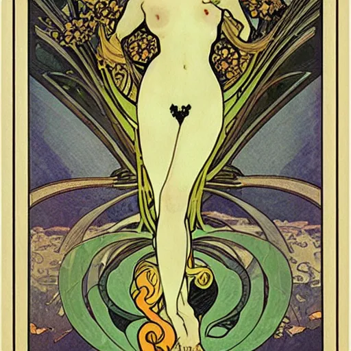 Image similar to art nouveau godzilla by alphonse mucha