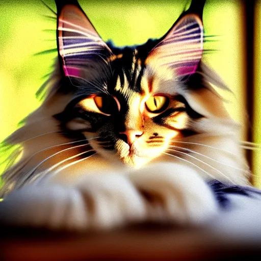 Prompt: portrait cream color maine coon cat curled up, bay window sofa, 8K, 4K, digital art, palette knife, photoshop, sumi-e, oversaturated lens flair, bokeh, sunbeam