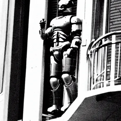 Image similar to a paparazzi photography of robocop wearing a bathrobe smoking a cigarette, standing on a balcony