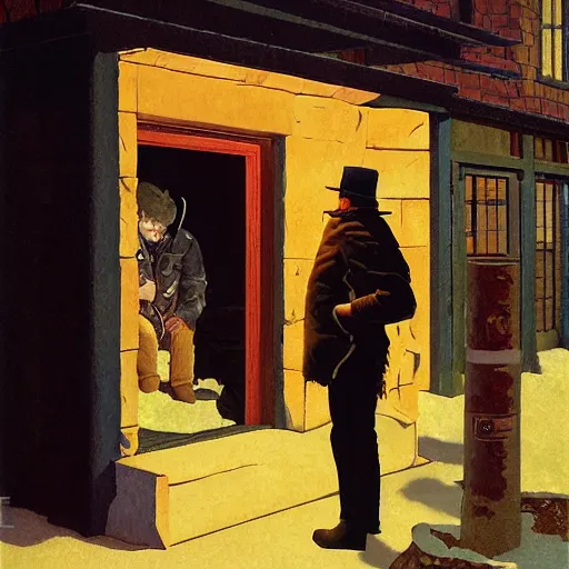 Image similar to a man in a shearling denim jacket smokes a lit cigarette outside a lonely colorado bar at 1 am, high quality high detail art by angus mcbride & n. c. wyeth, hd, realistic, photorealistic lighting, composition inspired by gregory crewdson.