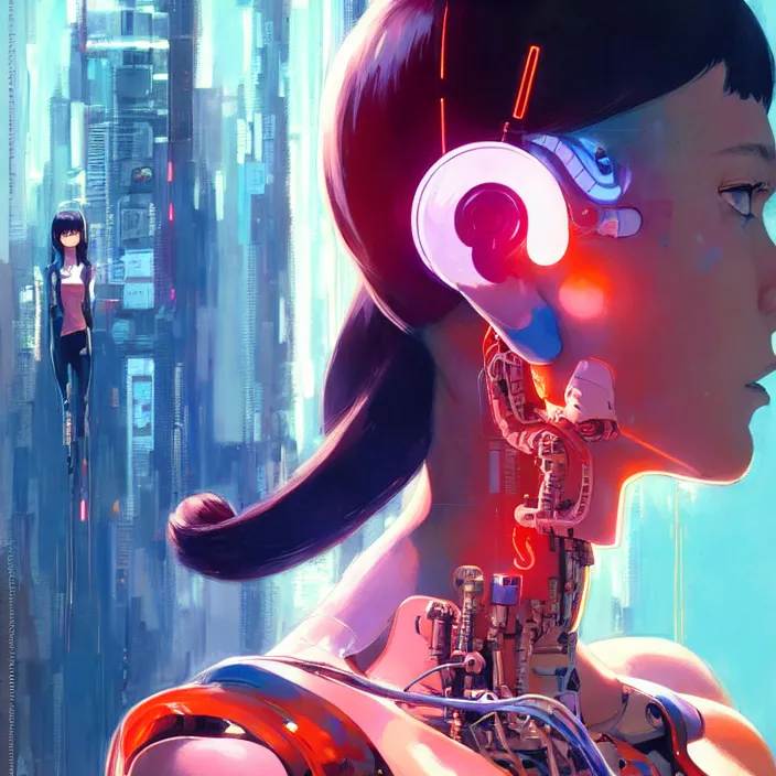 Image similar to side portrait of cyborg girl with robotic parts | | head only, audrey plaza, fine detail!! anime!! realistic shaded lighting!! poster by ilya kuvshinov katsuhiro otomo ghost - in - the - shell, magali villeneuve, artgerm, jeremy lipkin and michael garmash and rob rey