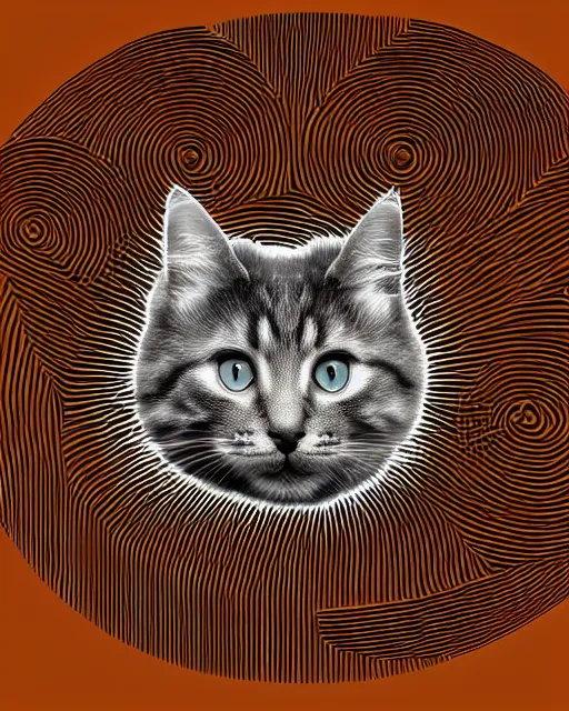 Image similar to highly detailed high resolution stacked plot of radio emissions from a pulsar, constructing a fluffy cat isolated on black, silk screen t-shirt design 4K