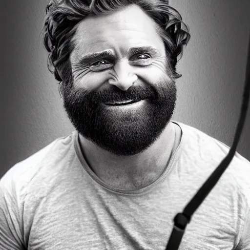 Image similar to hyperrealistic zach galifianakis smiling while hung by the neck noose, stunning 3 d render inspired by istvan sandorfi & greg rutkowski & mike judge, perfect symmetry, dim volumetric cinematic lighting, 8 k octane comprehensive render, extremely mega hyper - detailed and lifelike attributes & atmosphere, intricate, realistic flesh texture, masterpiece, artstation, stunning,