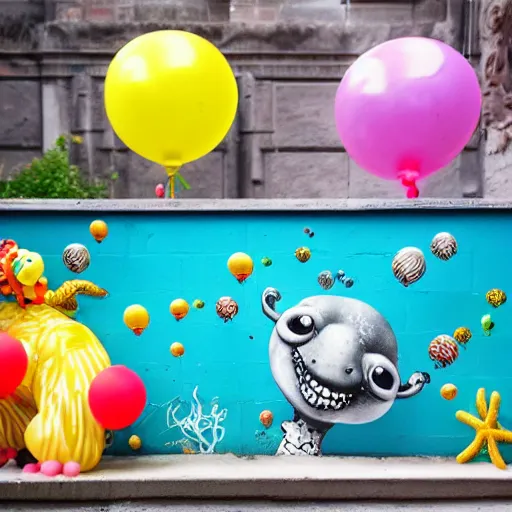 Image similar to balloon animals under the sea in the style of banksy