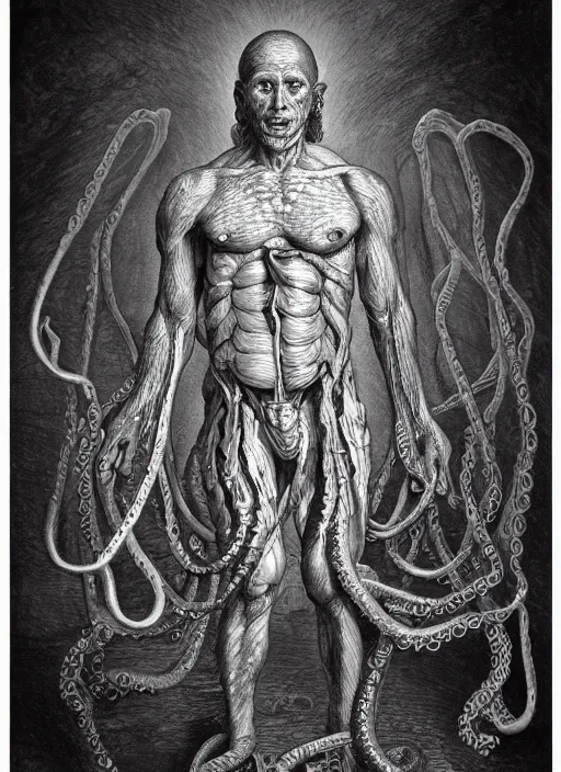 Prompt: an anatomical sketch of a man made from tentacles by Gustave Doré, John Blanche, eldritchpunk, Post processing effects, Occlusion, Medium Shot, Midnight, Dutch Angle, Artstation, Establishing Shot, Detailed, textures and grain, hd, backlit