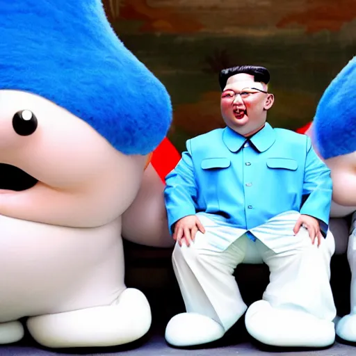 Prompt: horny kim jong un looking at the smurfs