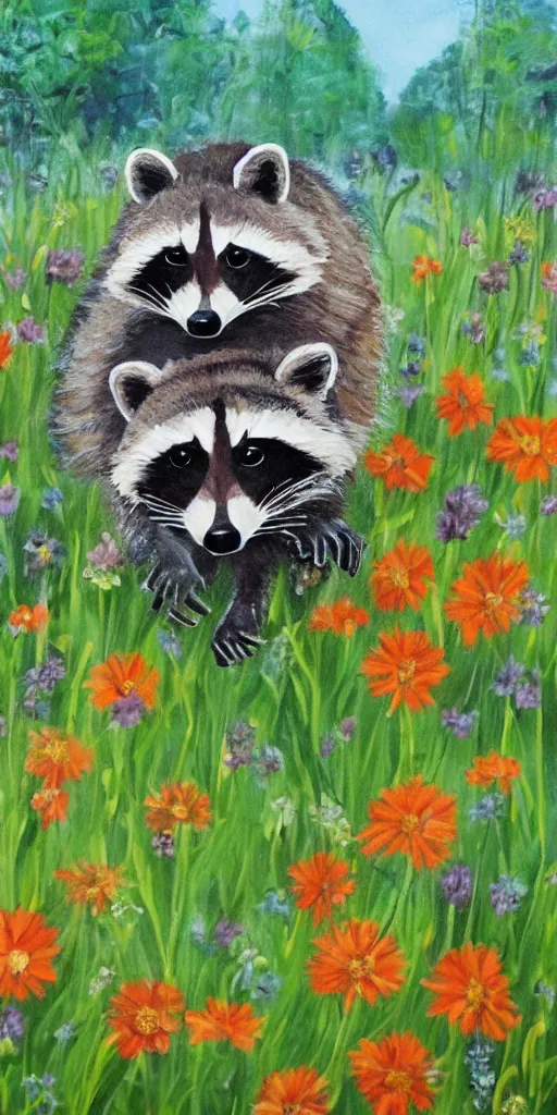 Image similar to painting raccoon in field of flowers,