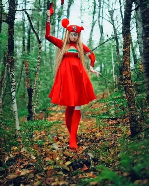 Prompt: beautiful Asuka Langley from evangelion as a real person dressed as a slavic priestess in holy birch forest in spring, 35mm, iPhone photo, HDR, DSLR, cinematic, trending on Instagram, 8k, 4k