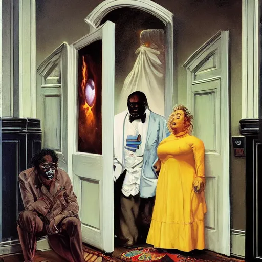 Image similar to dr. uncle ruckus telepathic space lord regally stands at the doorway of his palatial manse jamie wyeth greg rutkowski ralph steadman fernando botero norman rockwell acrylic painting