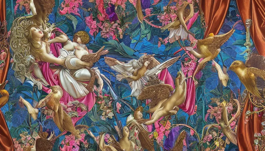 Prompt: a huge standalone hyperrealistic photorealistic hyperdetailed window reflecting cyberbirds, seen from the distance. art nouveau rococo in the style of caravaggio and botticelli. unexpected maximalist fabric elements hd 8 x matte background in vibrant vivid pastel colour textures