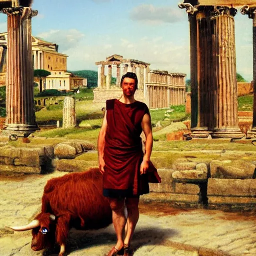 Image similar to idealized oil painting portrait of a man wearing a roman toga, posing with a highland cow, in the roman forum with no cropping.