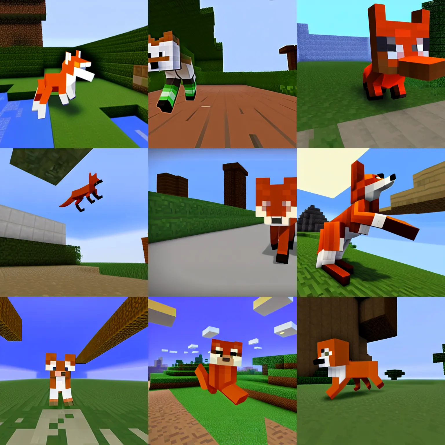 Prompt: fox from minecraft flying in front of white crunch in void, realistic