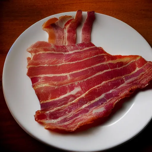 Image similar to an ultra realistic photograph of a bacon rasher on a plate, with kevin bacon's face