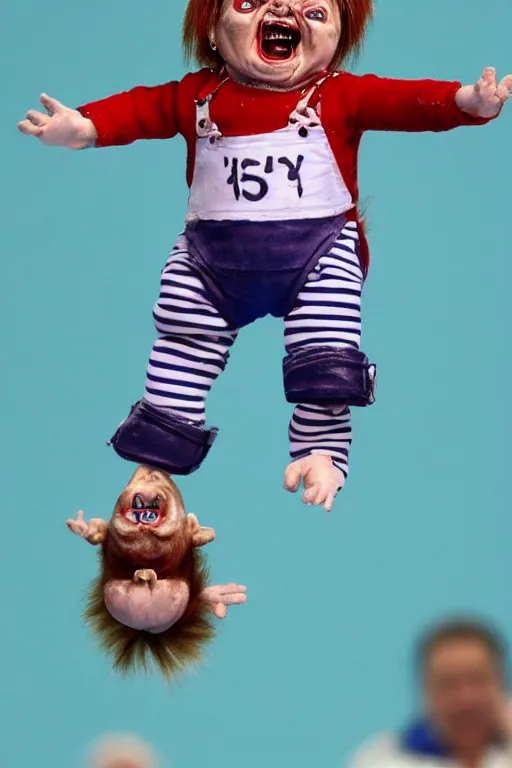 Prompt: screaming chucky doll performing high dive at olympics