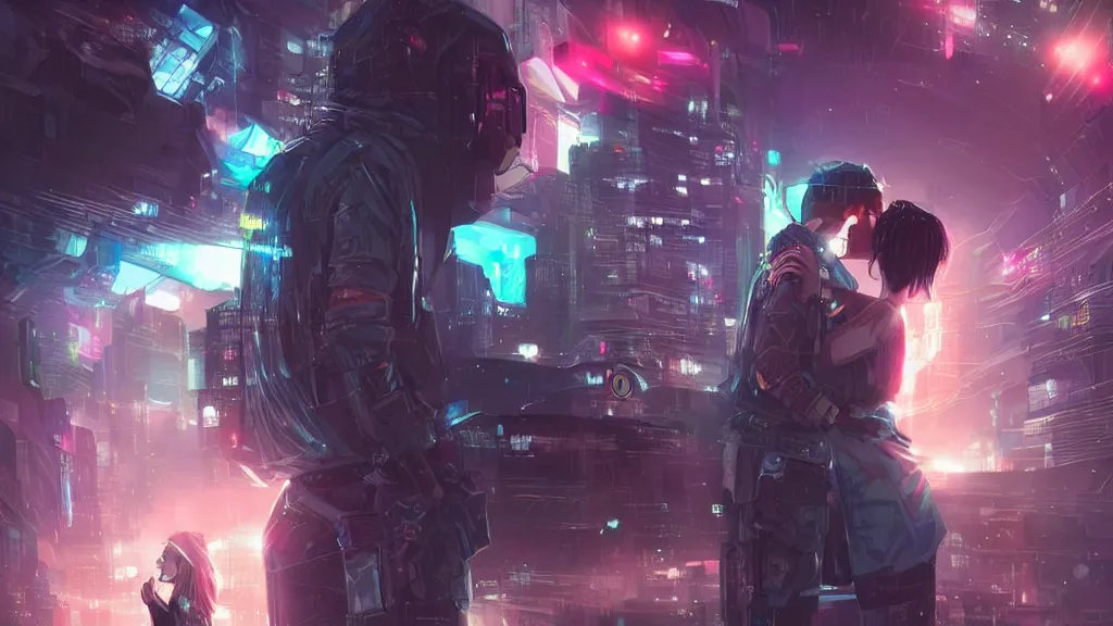 Prompt: futuristic, cyberpunk, couple kissing, stars, dramatic, digital art, detailed, artstation, romantic scene, very dramatic feels,