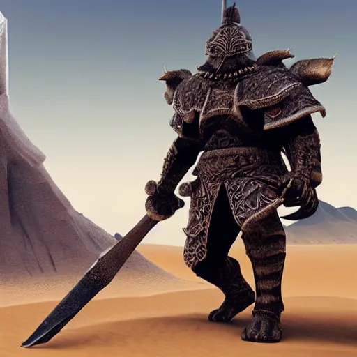 Image similar to great warrior with edgy armor facing a giant monster in black desert sands. Hyper realistic. High intricate details. Photo realistic. Hyper details.