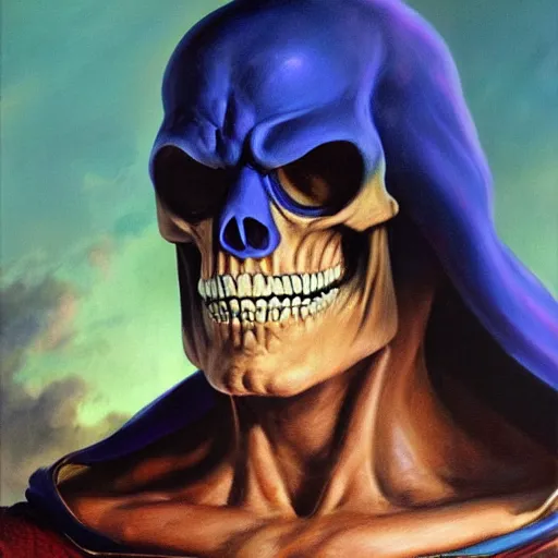 Prompt: ultra realistic portrait painting of skeletor as superman, art by frank frazetta, 4 k, ultra realistic, highly detailed, epic lighting