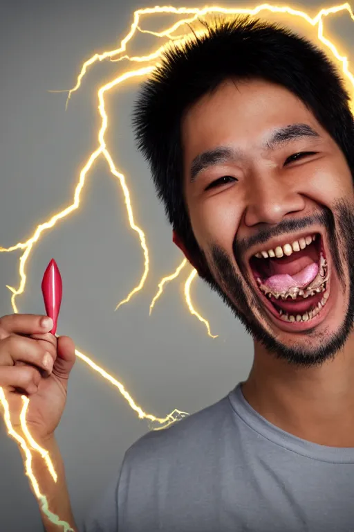 Prompt: portrait of asian hacker grinning with gold teeth and a lightning bolt face tattoo