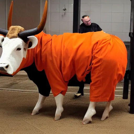 Image similar to bull wearing orange inmate clothes