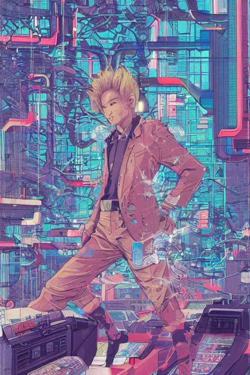 Prompt: 1 9 8 9 portrait of a japanese netrunner jacked into a cyberdeck. highly detailed masterpiece art by josan gonzalez.