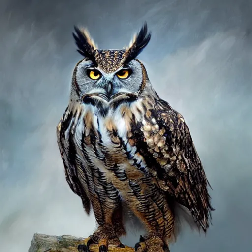 Image similar to eagle owl hybrid, character design, Kim Keever, oil painting, detailed, octane render, beautiful composition, trending on artstation, award-winning photograph, masterpiece