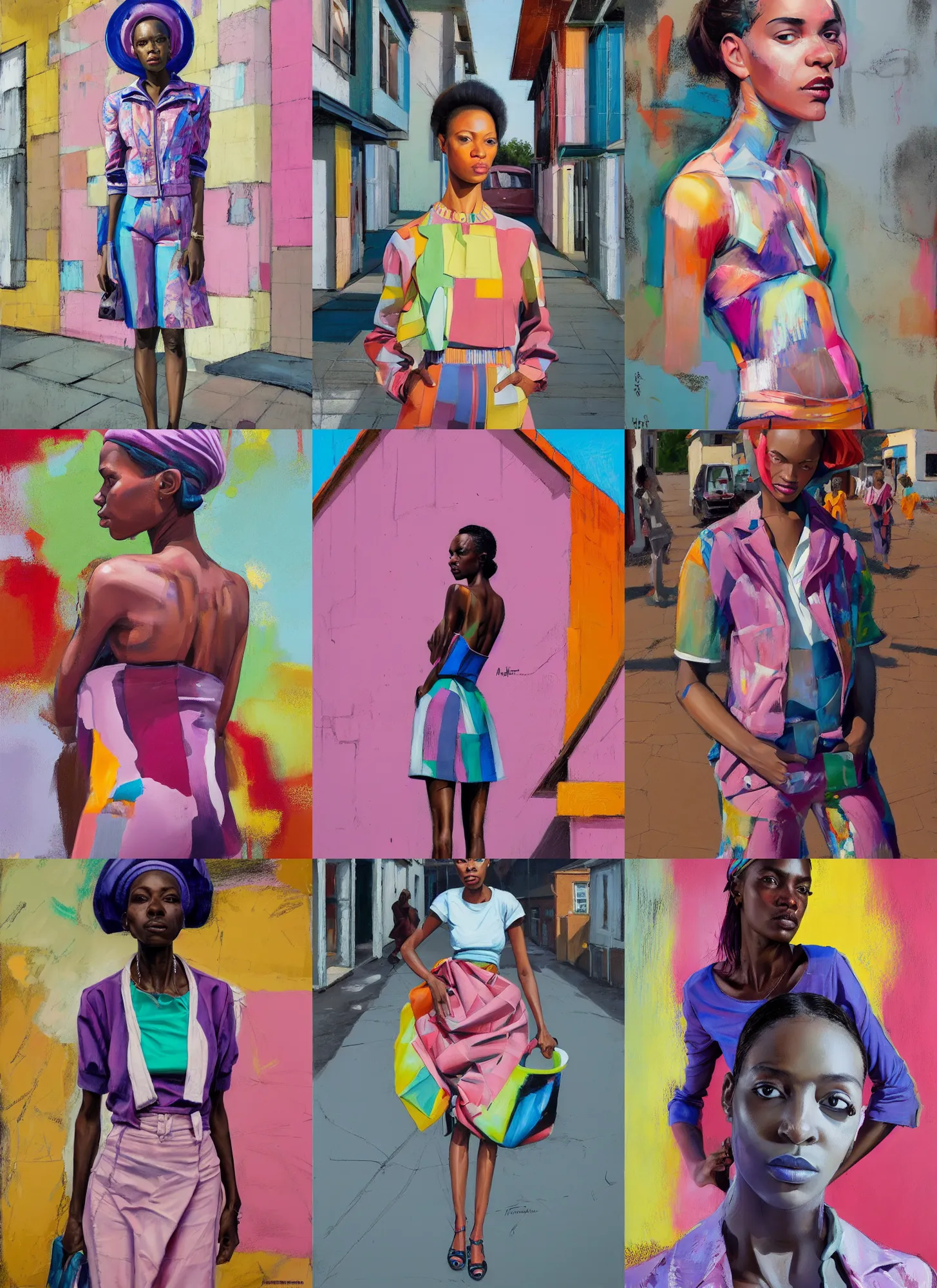 Prompt: gorgeous young woman in the style of stefan kostic, standing in a township street, street fashion outfit,!! haute couture!!, full figure painting by martine johanna, njideka akunyili crosby, artgerm, pastel color palette, realistic, sharp focus, 8 k high definition, insanely detailed, intricate, elegant, 2 4 mm lens