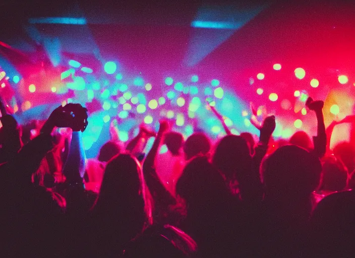 Prompt: a 2 8 mm macro photo of a crowd at a colorful discotheque in silhouette in the 1 9 7 0 s, bokeh, canon 5 0 mm, cinematic lighting, dramatic, film, photography, golden hour, depth of field, award - winning, 3 5 mm film grain