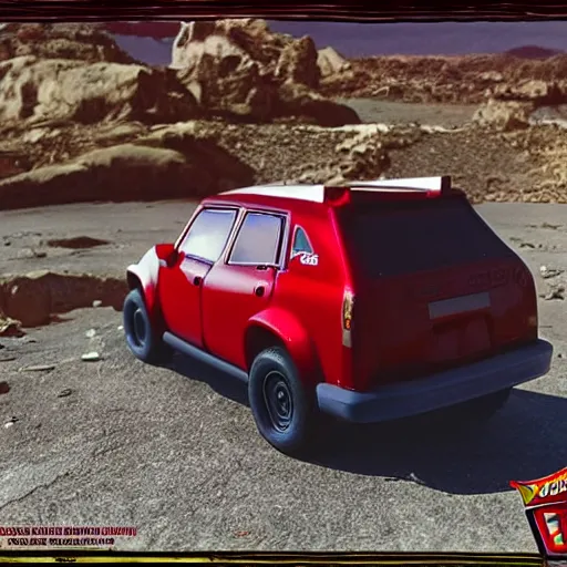 Image similar to 3 5 mm photo of metallic red aztek car like hot wheels model in area 5 1 as background, epic cinematic