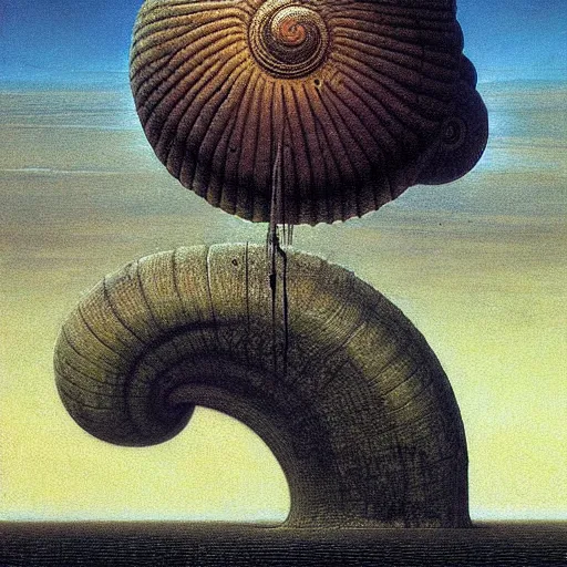 Image similar to a giant holy snail stands over a city painting by beksinski, barlowe colors. masterpiece painting