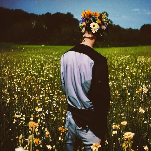 Image similar to kodak portra 4 0 0 photograph of a skinny blonde goth guy standing far back in a field of flowers, back view, flower crown, moody lighting, telephoto, 9 0 s vibe, blurry background, vaporwave colors, faded!,