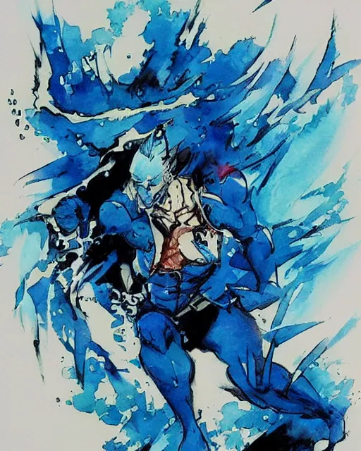 Image similar to Magic Blue Fish Man, drawn by Yoji Shinkawa, water color