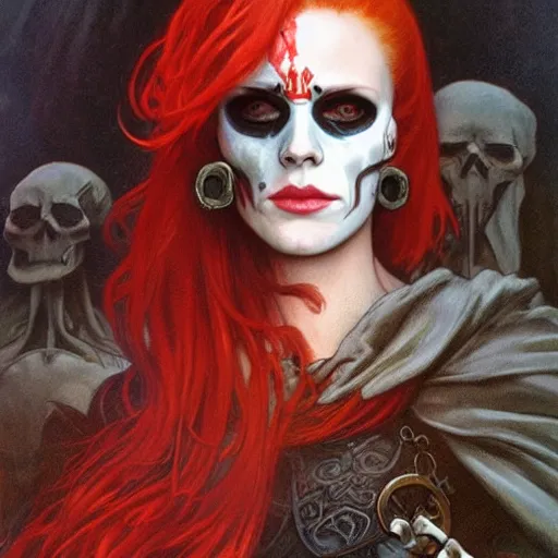 Prompt: DND character, portait of a red-haired woman wearing white skull facepaint and sunglasses and a black cloak, video game art, trending on artstation, Gerald Brom, Alphonse Mucha