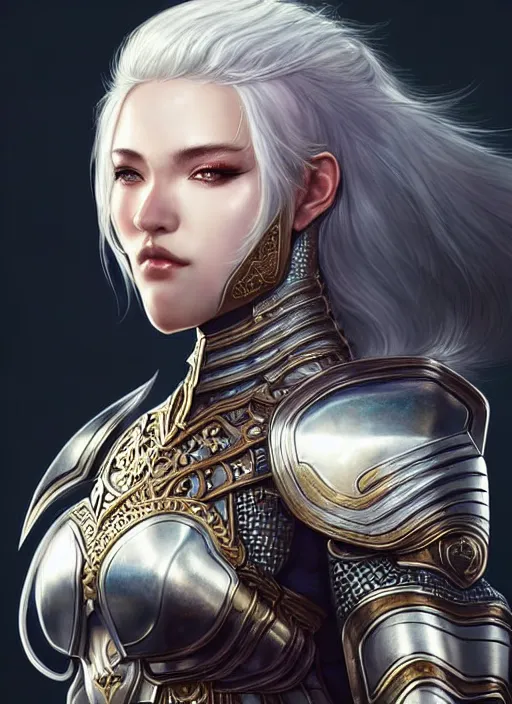 Image similar to warrior, intricate ornate opal heavy armor!!! beautiful and athletic white hair female!! gorgeous face and eyes!! character concept art, sharp focus, octane render! unreal engine 5! highly rendered!! trending on artstation!! detailed linework!! illustration by artgerm, wlop, and chie yoshii