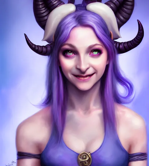 Image similar to cute female tiefling smiling, perfect face, horns, pale purple halter top, blue hair, abs, cinematic, blush, stunning, elegant, highly detailed, psychedelic, digital painting, artstation, smooth, hard focus, illustration, art by jessica rossier and and brian froud