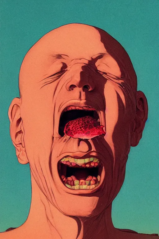 Image similar to a closeup portrait of a simple man licking a tab of LSD acid on his tongue and dreaming psychedelic hallucinations, by kawase hasui, moebius, Edward Hopper and James Gilleard, Zdzislaw Beksinski, Steven Outram colorful flat surreal design, hd, 8k, artstation