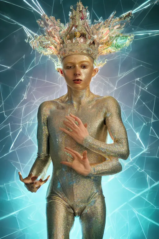 Image similar to hyper detailed ultra sharp portrait of baroque and bladerunner delicate neon diamond sculpture of seductive muscular albino young king, diamond pink sphinx iridescent humanoid deity wearing metallic hoody made out of hands holding the sun prismatic dungeon, glowing blue face, crown of white diamonds, cinematic lighting, photorealistic, octane render 8 k depth of field 3 d