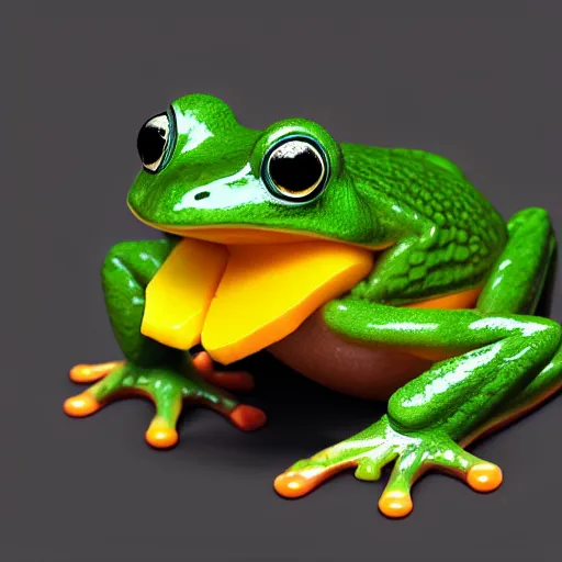 Prompt: a frog made of mango, candy and jelly, photorealistic, well detailed, trending on artstation, 8k