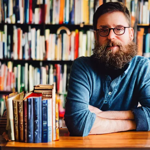 Image similar to medium shot portrait of a learned scholar, a long slightly unkept beard, a bookshelf in the background with neatly stacked books, set in the 1 9 5 0 s, bokeh, light from top right