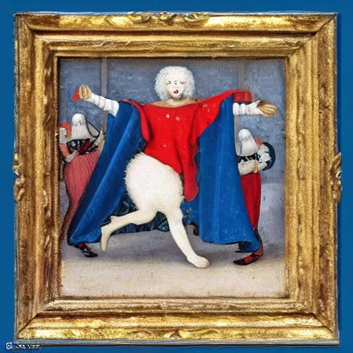 Prompt: bichon frise in a jester outfit dancing, medieval painting