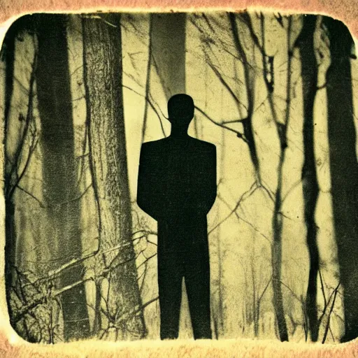 Image similar to a damaged image Slender man in the woods at night, old photography, creepy, vintage