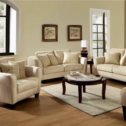 Prompt: creme colored living room set, furniture magazine, promotional photo