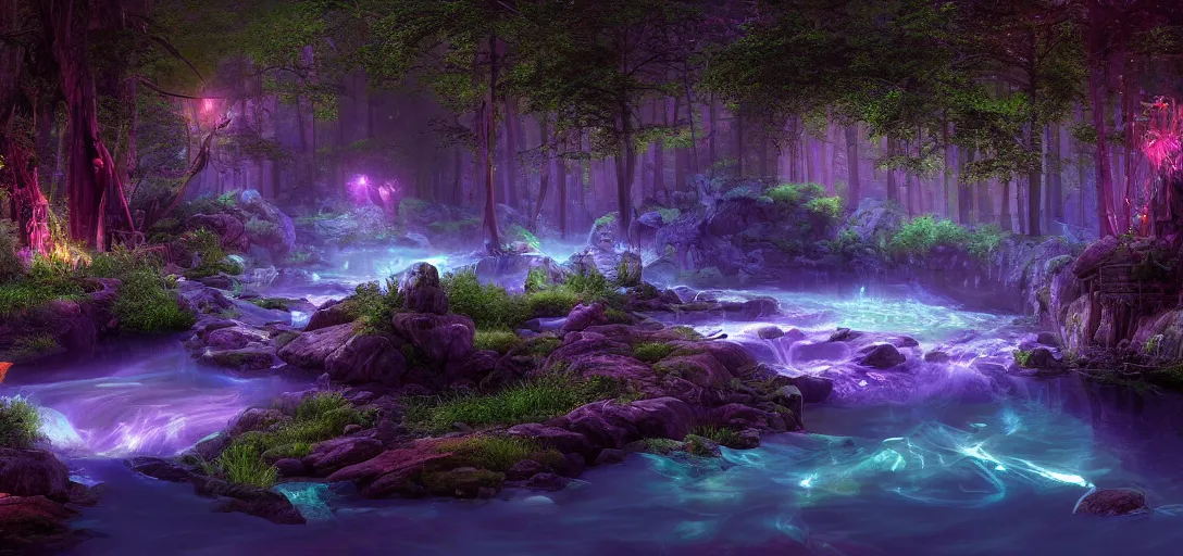 Prompt: beautiful fantasy view of forest rapids at night, bioluminescence, glowing water with caustics, dappled light, reflections, liquid refraction, calm lighting, ultra detailed, sharp, ambient occlusion, raytracing, vibrant, vivid colors, artistic, by dylan cole, sebastian meyer and jordan grimmer