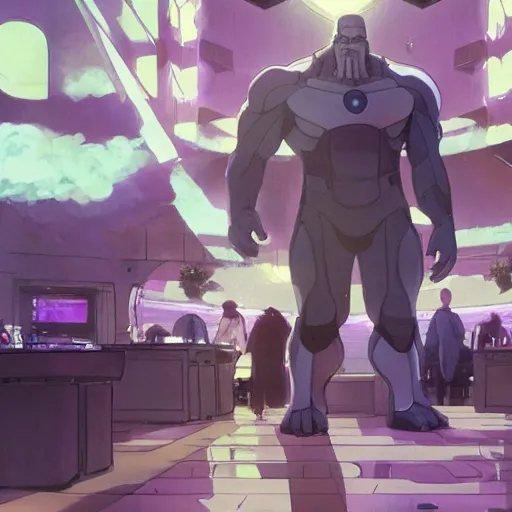 Prompt: thanos working at starbucks by makoto shinkai and ruan jia and studio ghibli