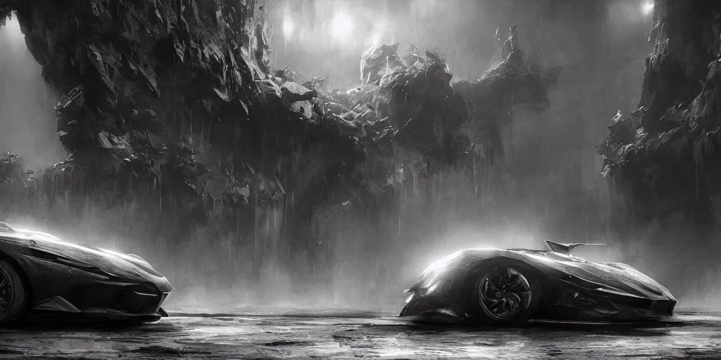 Image similar to the batmobile standing in a very dark and wet cave. highly detailed. intricate. mist. atmospheric. octane render. rim light. photoreal. 8 k. monochrome. cinematic. matte painting imagined by craig mullins and greg rutkowski. concept art, trending on artstation.