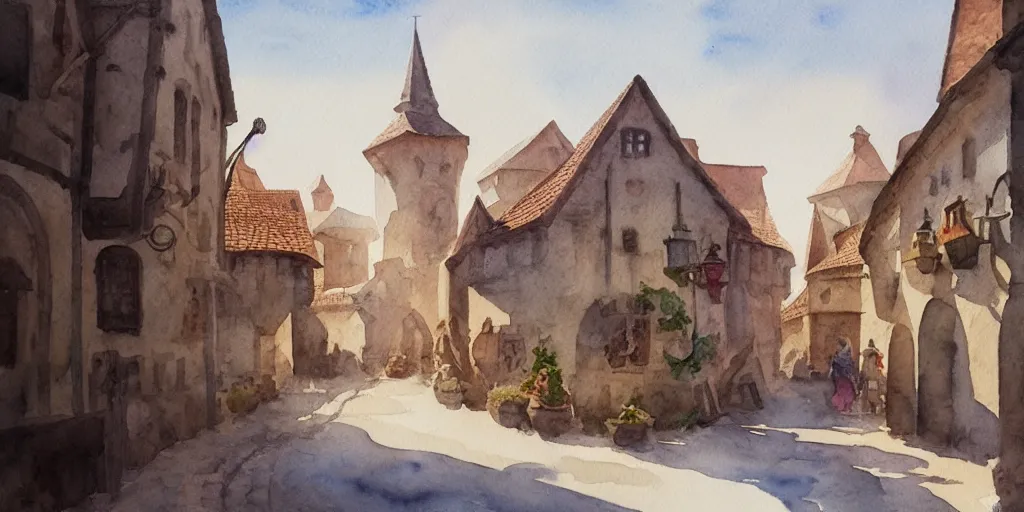 Prompt: medieval town, summer morning light, pale masterpiece watercolor painting, trending on artstation