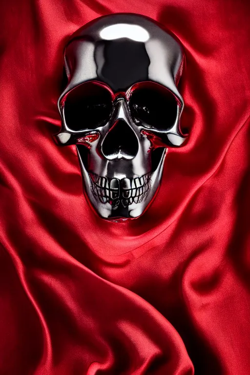 Image similar to chrome cyclops skull statue layed on a red silk fabric, by hedi xandt and antonio corradini, macabre art, dark surrealism, epic and cinematic view, volummetric light, texturized, detailed, 8 k