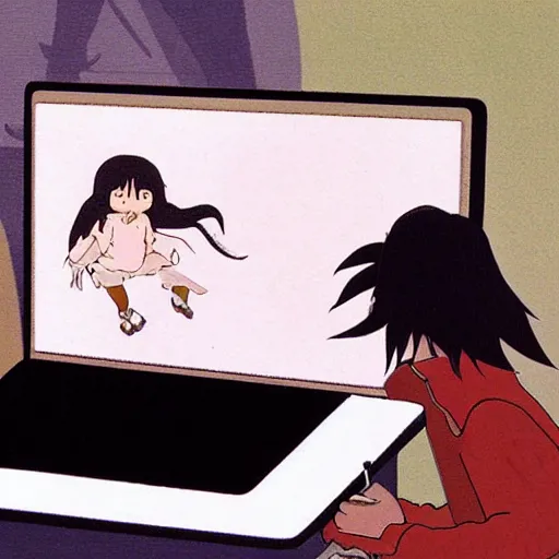 Image similar to tanned guy with long black hair using a laptop, art by hayao miyazaki, studio ghibli film