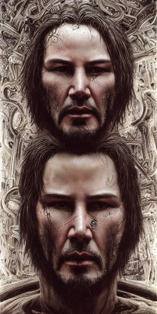 Image similar to portrait of keanu reeves, hyperdetailed, nightmare, abomination, ultrarealistic, by h. r. giger and zdislaw beksinski, science fiction, alien, religious art, mandelbrot fractal, trending on deviantart