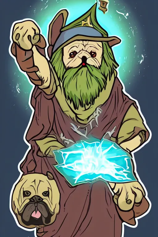 Image similar to Pug that is a wizard casting a spell , wizard, medieval, sticker, colorful, casting epic spell, magic the gathering artwork, D&D, fantasy, artstation, heroic pose, illustration, highly detailed, simple, smooth and clean vector curves, no jagged lines, vector art, smooth