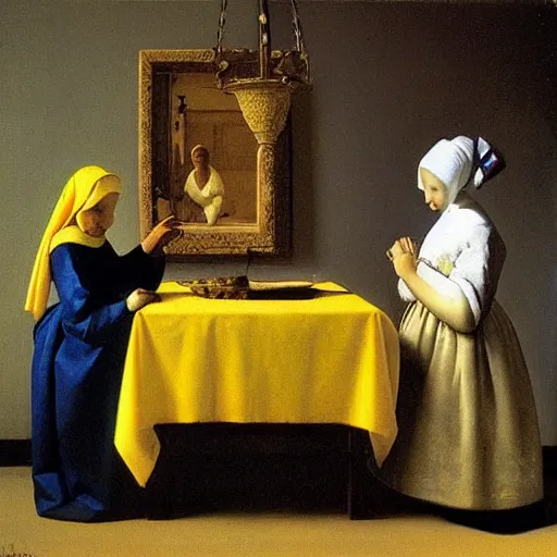 Image similar to 3 mary's, painting by vermeer